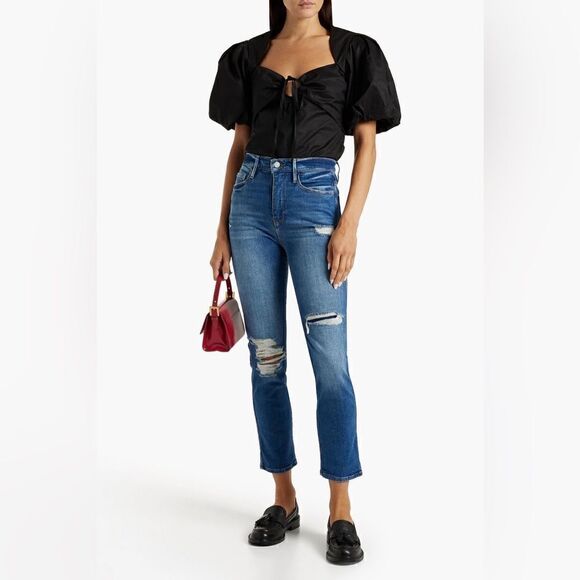 NWT Frame Cotton Black Crop Top Puff Sleeve Blouse Size XS - Picture 4 of 9